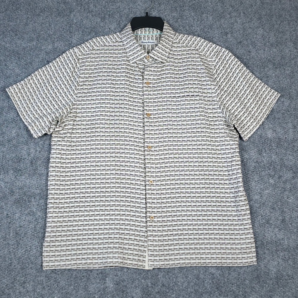 Tommy Bahama Mens 100% Silk Short Sleeve Button Up Shirt Geometric‎ Print